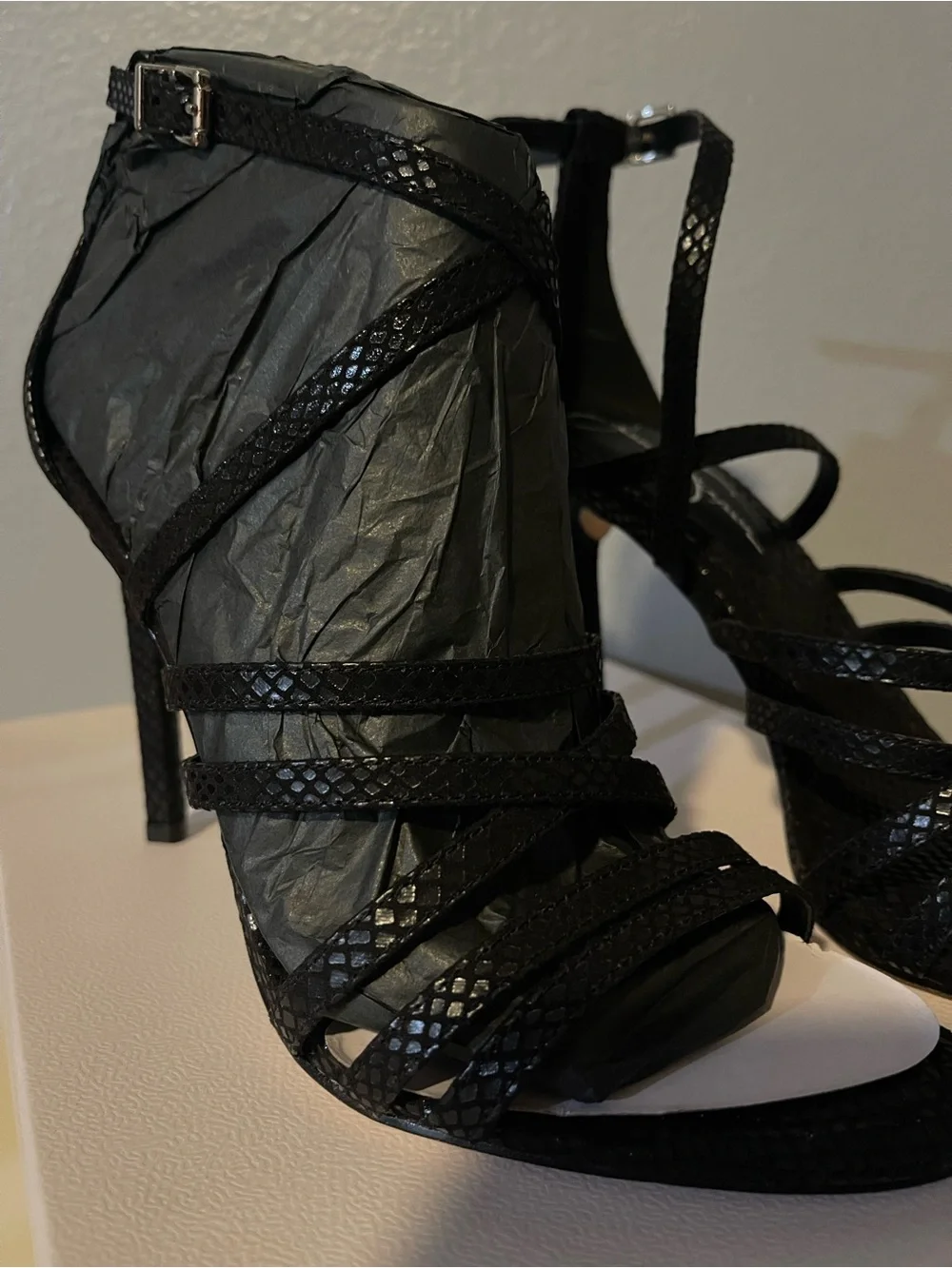 Jessica Simpson Black Strappy Snake-Texture High Heel Sandals